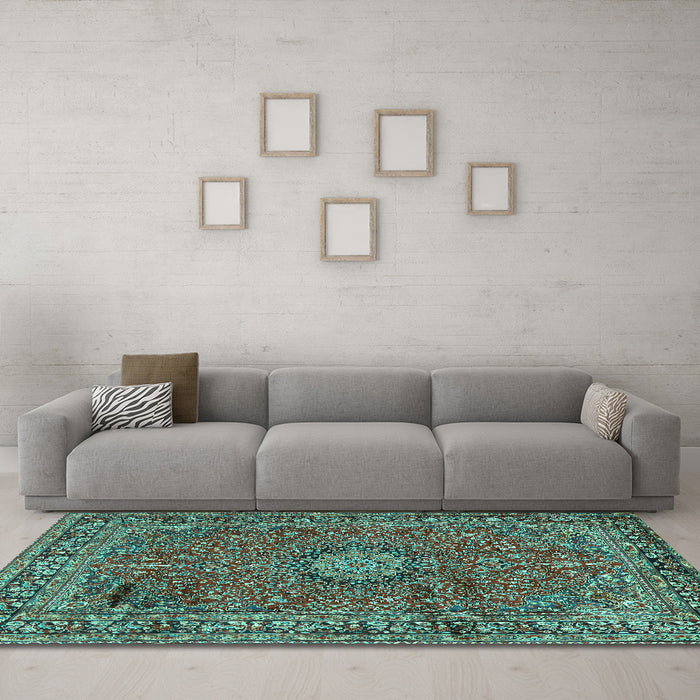 Machine Washable Persian Turquoise Traditional Area Rugs in a Living Room,, wshtr2651turq