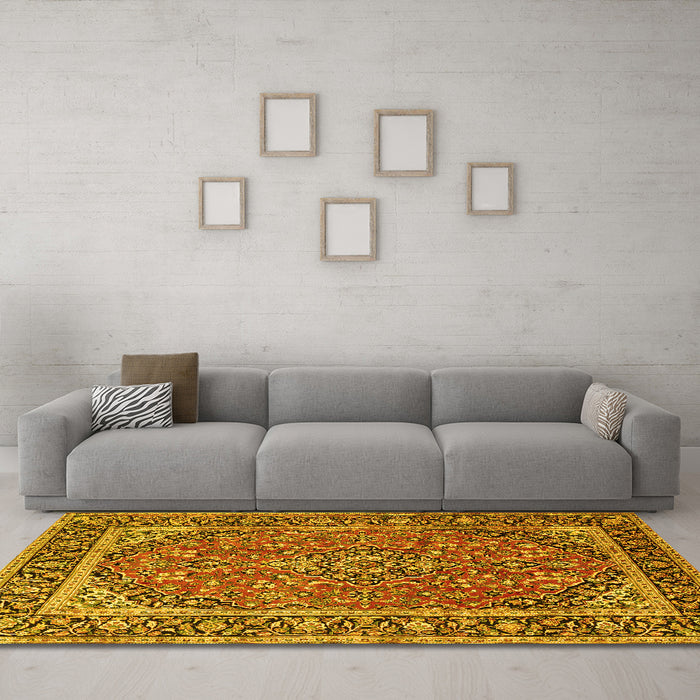 Machine Washable Persian Yellow Traditional Rug in a Living Room, wshtr2652yw