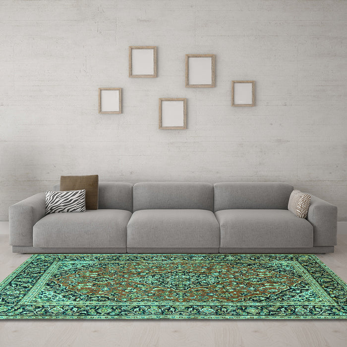 Machine Washable Persian Turquoise Traditional Area Rugs in a Living Room,, wshtr2652turq