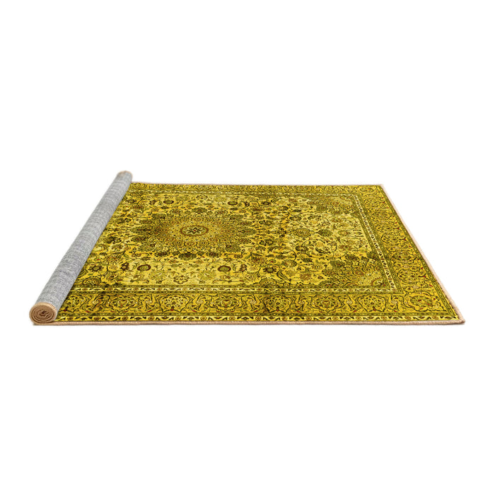 Sideview of Machine Washable Medallion Yellow Traditional Rug, wshtr2653yw