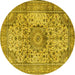 Round Machine Washable Medallion Yellow Traditional Rug, wshtr2653yw