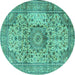 Round Machine Washable Medallion Turquoise Traditional Area Rugs, wshtr2653turq