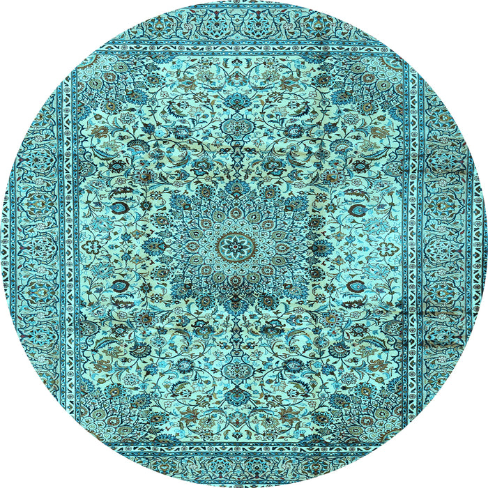 Round Machine Washable Medallion Light Blue Traditional Rug, wshtr2653lblu