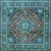 Square Machine Washable Medallion Light Blue Traditional Rug, wshtr2654lblu