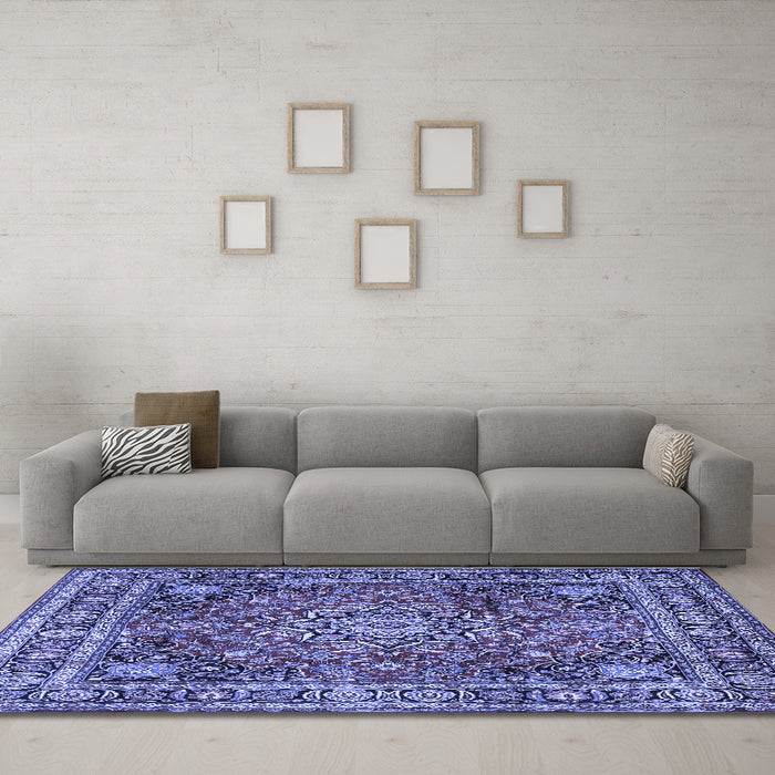 Machine Washable Medallion Blue Traditional Rug in a Living Room, wshtr2654blu