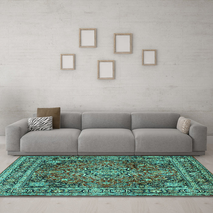 Machine Washable Medallion Turquoise Traditional Area Rugs in a Living Room,, wshtr2654turq