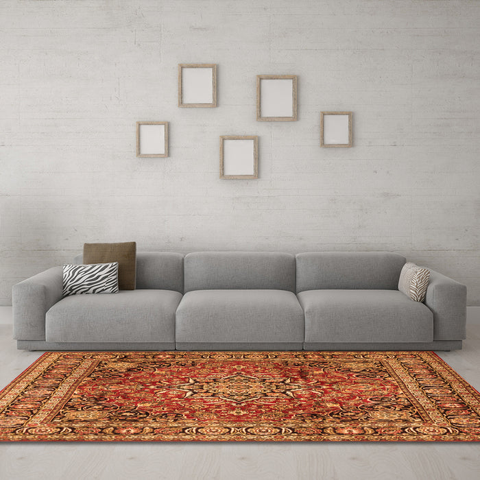 Machine Washable Medallion Orange Traditional Area Rugs in a Living Room, wshtr2654org