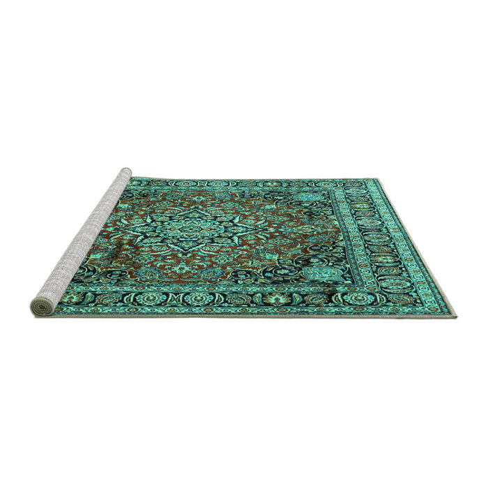 Sideview of Machine Washable Medallion Turquoise Traditional Area Rugs, wshtr2654turq