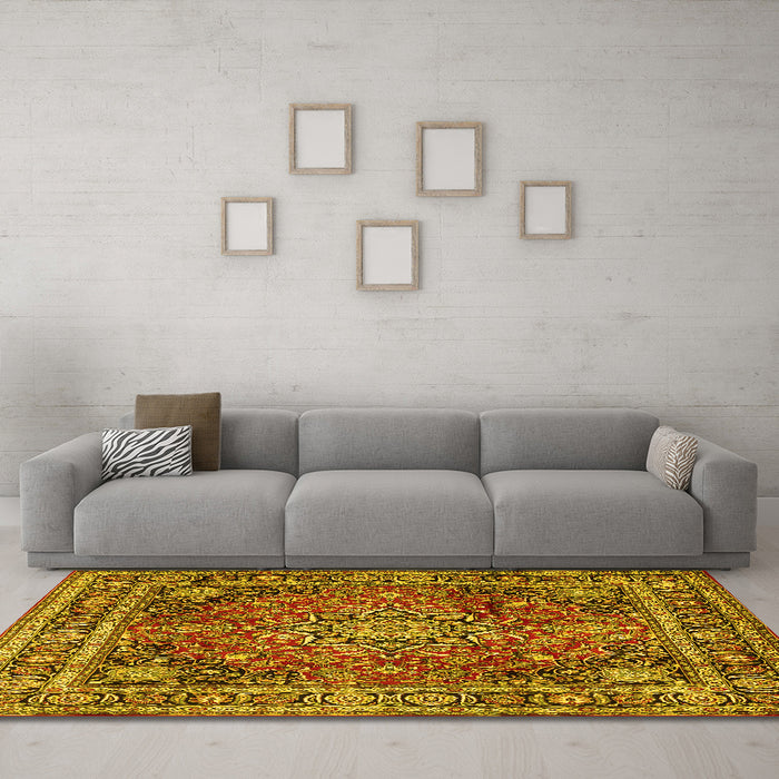 Machine Washable Medallion Yellow Traditional Rug in a Living Room, wshtr2654yw
