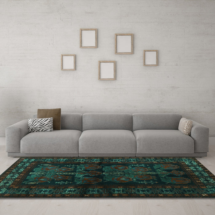 Machine Washable Persian Turquoise Traditional Area Rugs in a Living Room,, wshtr2657turq