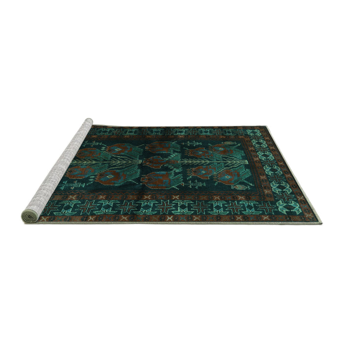 Sideview of Machine Washable Persian Turquoise Traditional Area Rugs, wshtr2657turq