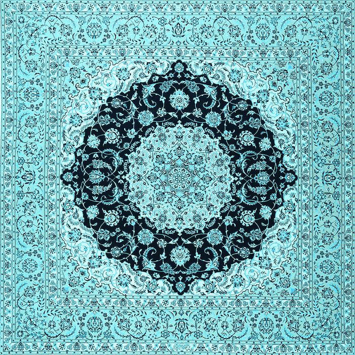 Square Machine Washable Medallion Light Blue Traditional Rug, wshtr2660lblu