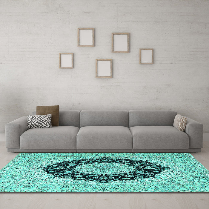 Machine Washable Medallion Turquoise Traditional Area Rugs in a Living Room,, wshtr2660turq