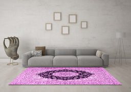 Machine Washable Medallion Pink Traditional Rug in a Living Room, wshtr2660pnk