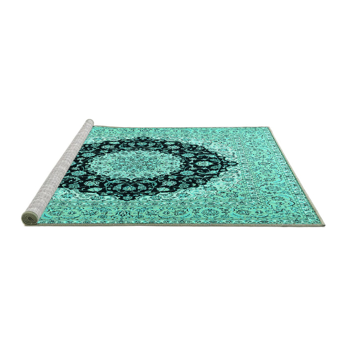 Sideview of Machine Washable Medallion Turquoise Traditional Area Rugs, wshtr2660turq