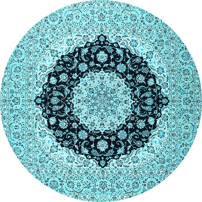 Round Machine Washable Medallion Light Blue Traditional Rug, wshtr2660lblu