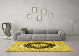 Machine Washable Medallion Yellow Traditional Rug in a Living Room, wshtr2660yw
