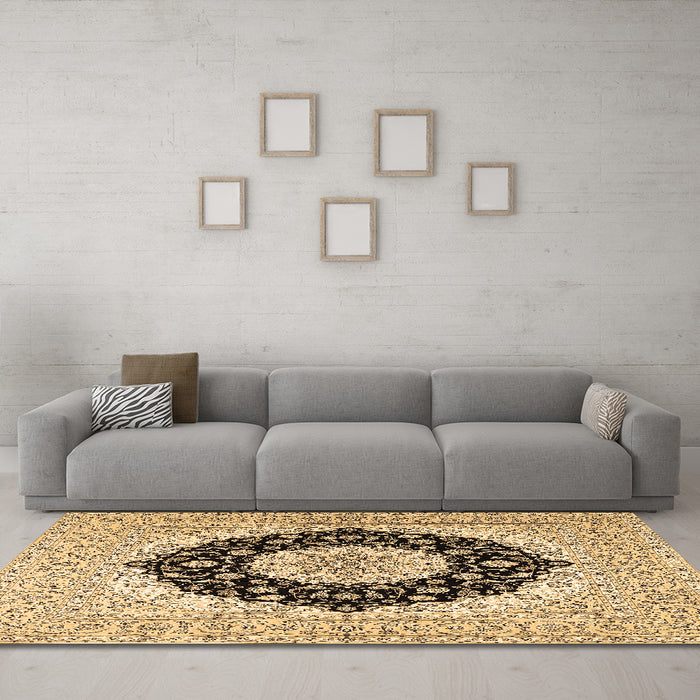 Machine Washable Medallion Brown Traditional Rug in a Living Room,, wshtr2660brn