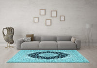 Machine Washable Medallion Light Blue Traditional Rug, wshtr2660lblu