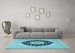 Machine Washable Medallion Light Blue Traditional Rug in a Living Room, wshtr2660lblu