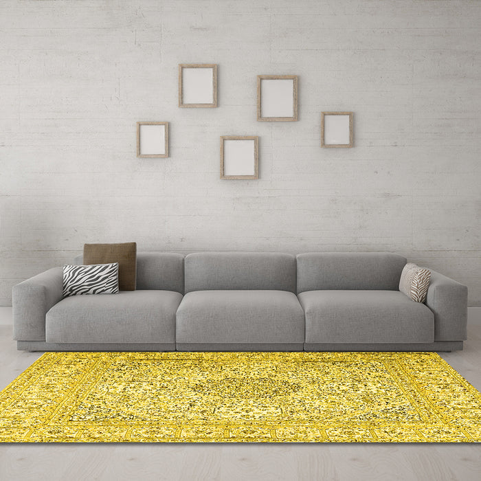 Machine Washable Medallion Yellow Traditional Rug in a Living Room, wshtr2661yw