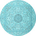 Round Machine Washable Medallion Light Blue Traditional Rug, wshtr2661lblu