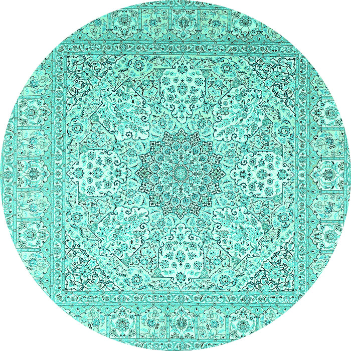 Round Machine Washable Medallion Turquoise Traditional Area Rugs, wshtr2661turq