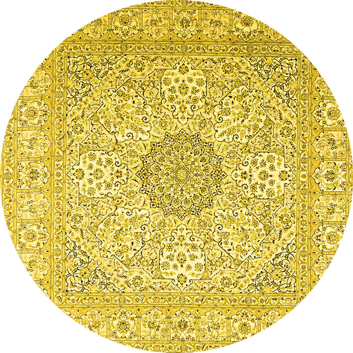 Round Machine Washable Medallion Yellow Traditional Rug, wshtr2661yw