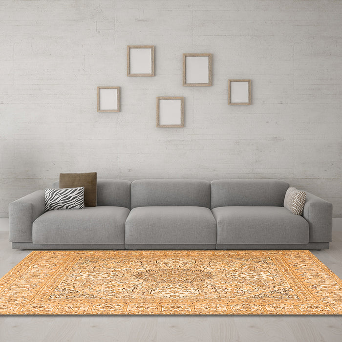 Machine Washable Medallion Orange Traditional Area Rugs in a Living Room, wshtr2661org