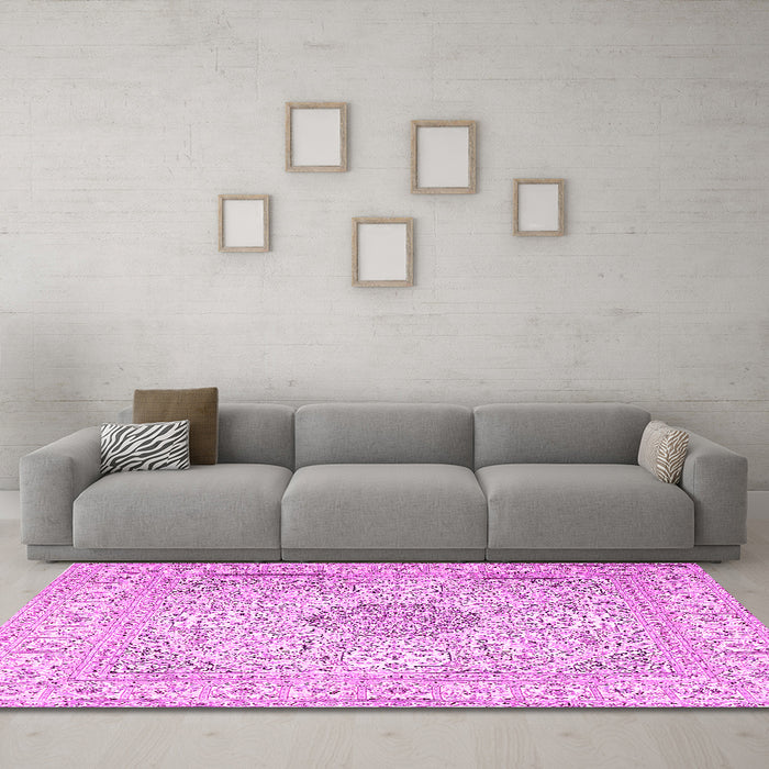 Machine Washable Medallion Pink Traditional Rug in a Living Room, wshtr2661pnk