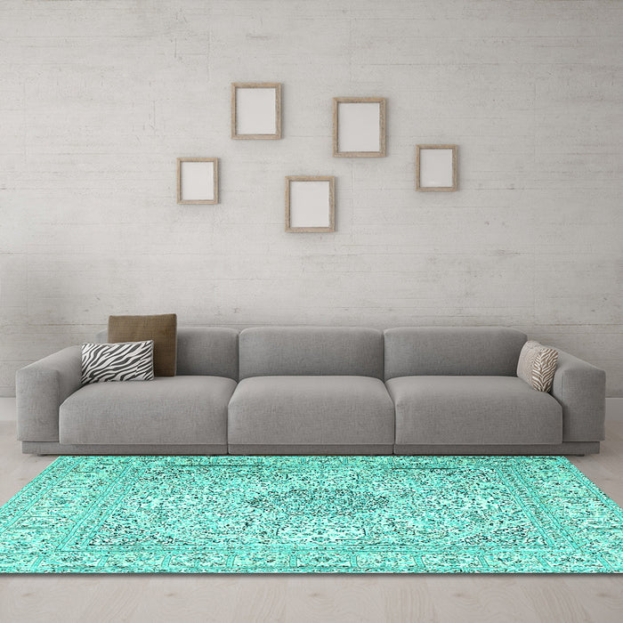Machine Washable Medallion Turquoise Traditional Area Rugs in a Living Room,, wshtr2661turq