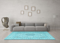 Machine Washable Medallion Light Blue Traditional Rug in a Living Room, wshtr2661lblu