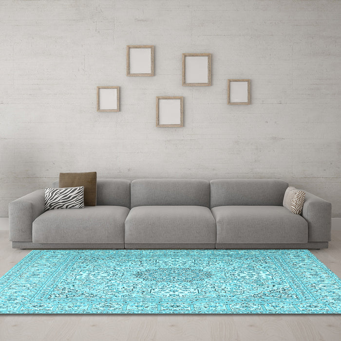 Machine Washable Medallion Light Blue Traditional Rug in a Living Room, wshtr2661lblu