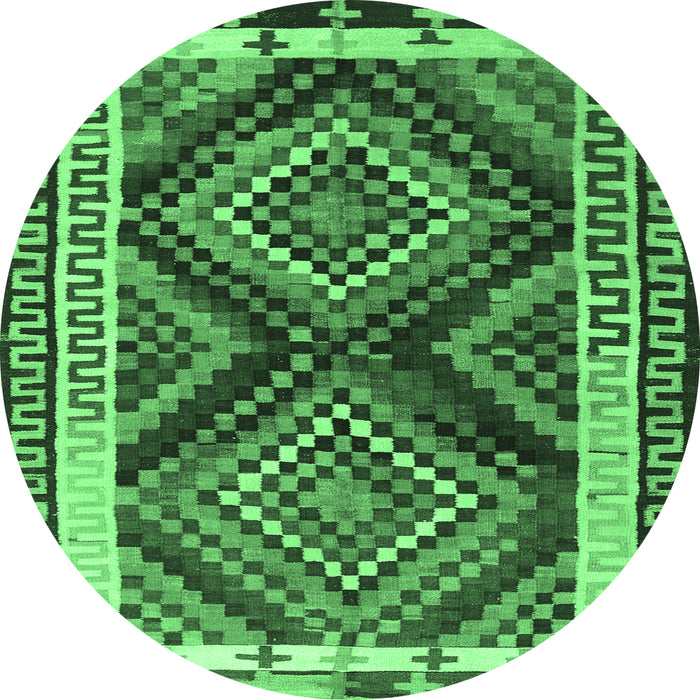 Round Machine Washable Southwestern Emerald Green Country Area Rugs, wshtr2669emgrn