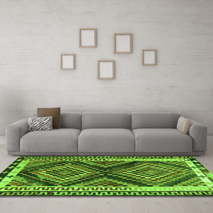 Machine Washable Southwestern Green Country Area Rugs in a Living Room,, wshtr2669grn