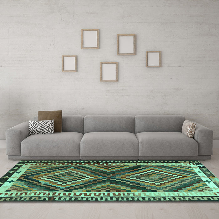 Machine Washable Southwestern Turquoise Country Area Rugs in a Living Room,, wshtr2669turq