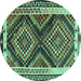 Round Machine Washable Southwestern Turquoise Country Area Rugs, wshtr2669turq