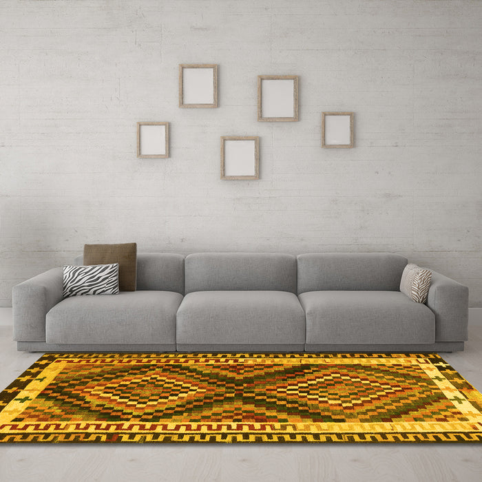 Machine Washable Southwestern Yellow Country Rug in a Living Room, wshtr2669yw