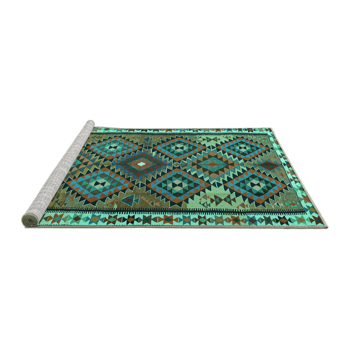 Sideview of Machine Washable Persian Turquoise Traditional Area Rugs, wshtr2673turq