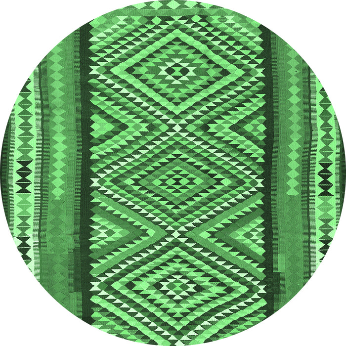 Round Machine Washable Southwestern Emerald Green Country Area Rugs, wshtr2674emgrn