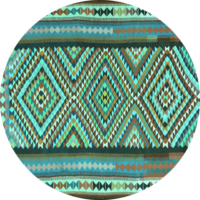 Round Machine Washable Southwestern Turquoise Country Area Rugs, wshtr2674turq