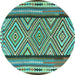 Round Machine Washable Southwestern Turquoise Country Area Rugs, wshtr2674turq