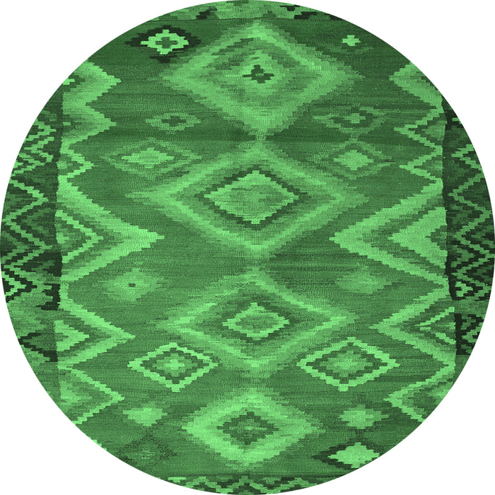 Round Machine Washable Southwestern Emerald Green Country Area Rugs, wshtr2676emgrn