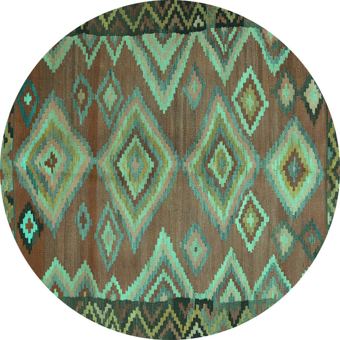 Round Machine Washable Southwestern Turquoise Country Area Rugs, wshtr2676turq