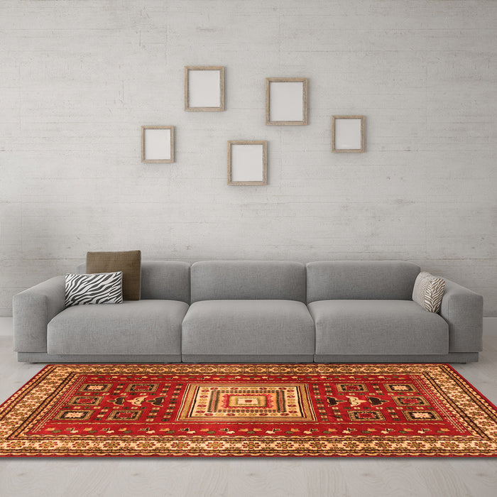 Machine Washable Geometric Orange Traditional Area Rugs in a Living Room, wshtr2678org