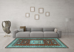 Machine Washable Geometric Light Blue Traditional Rug in a Living Room, wshtr2678lblu