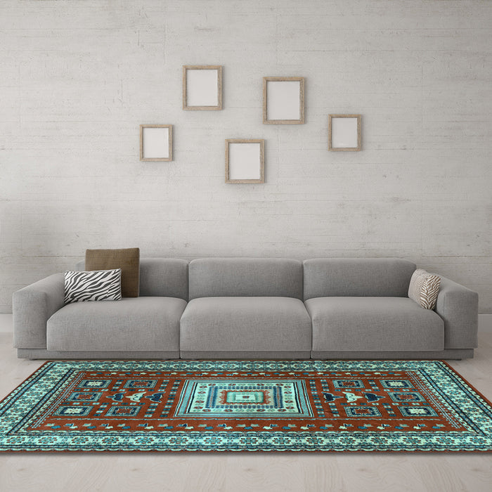 Machine Washable Geometric Light Blue Traditional Rug in a Living Room, wshtr2678lblu