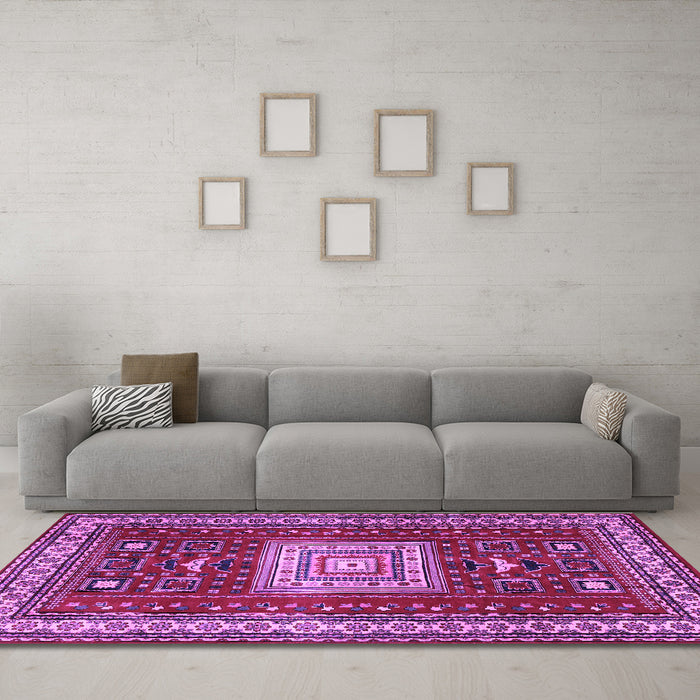 Machine Washable Geometric Purple Traditional Area Rugs in a Living Room, wshtr2678pur