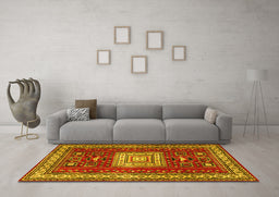 Machine Washable Geometric Yellow Traditional Rug in a Living Room, wshtr2678yw