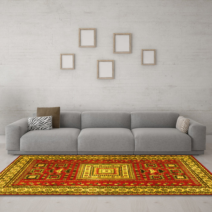 Machine Washable Geometric Yellow Traditional Rug in a Living Room, wshtr2678yw
